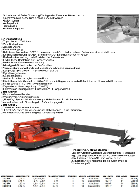 Scheibenmähwerke BORA Schnelle und einfache Einstellung Die folgenden Parameter können mit nur einem Werkzeug schnell und einfach eingestellt werden •	Safe+-System •	Auflagedruck •	Schnitthöhe •	Aufbereitungsgrad Serienausstattung  Zapfwelle mit 1000 U/min  Zwei Drehgetriebe  Zentrale Deichsel  Federaufhängung Kollisionsschutzsystem „SAFE+“, bestehend aus 4 Seitenfedern, oberen Federn und einer einstellbaren Deichselverlängerung „SAFE+“-Einstellung durch Einstellen der oberen Federn Bodendruckeinstellung durch Einstellen der Seitenfedern  Hydraulische Umstellung auf Transportposition  Hydraulische Vorgewendeaushebung Niedrigprofil-Schneidbalken mit Q+-Scheiben  Verschiebbare, schwebende und einstellbare Schneidbalkenanordnung  Langlebige Q+-Scheiben mit Schnellwechselklingen  Spiralförmige Messer Gegenschneiden Äußere Scheiben mit zylindrischem Rotor Einstellbarer Schnittwinkel von 25 bis 100 mm, mit Kappkufen kann die Schnitthöhe um 30 mm erhöht werden  Räder 380/55-17 FL+ im Rahmen positioniert Zapfwelle mit Rutschkupplung (1" 3/8 Z6)  Erforderliche Steuergeräte: 1 Einzelwirkend, 1 Doppelwirkend VERSION RRC  Gummiwalzenaufbereiter  Walzensynchronisierungssystem „Easy-Dry“-System: Mit einem einzigen Hebel können Sie die Streubreite einstellen Manuelle Einstellung des Aufbereitungsgrades VERSION SFC Y-förmiger Stahlzinkenaufbereiter „Easy-Dry“-System: Mit einem einzigen Hebel können Sie die Streubreite einstellen Manuelle Einstellung des Aufbereitungsgrads Produktive Getriebetechnik Das 360 Grad schwenkbare Drehkopfgetriebe ist so ausge-legt, daß enge Wenderadien am Vorgewende erreicht wer-den. Es kann in einem 90 Grad Winkel zu der Zugvorrichtung stehen ohne das die Gelenkwelle in Vibrationen gerät.