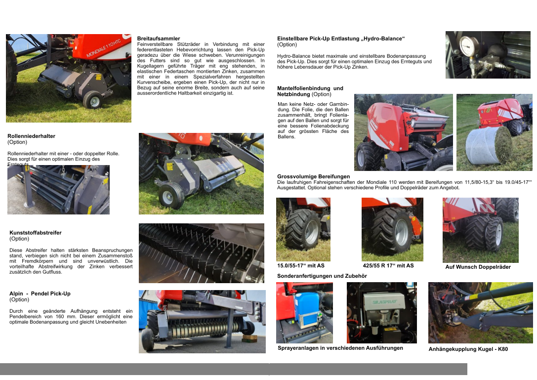 Alpin  -  Pendel Pick-Up  (Option)  Durch eine geänderte Aufhängung entsteht ein Pendelbereich von 160 mm. Dieser ermöglicht eine optimale Bodenanpassung und gleicht Unebenheiten Rollenniederhalter  (Option)  Rollenniederhalter mit einer - oder doppelter Rolle. Dies sorgt für einen optimalen Einzug des Ernteguts. Kunststoffabstreifer  (Option)  Diese Abstreifer halten stärksten Beanspruchungen stand, verbiegen sich nicht bei einem Zusammenstoß mit Fremdkörpern und sind unverwüstlich. Die vorteilhafte Abstreifwirkung der Zinken verbessert zusätzlich den Gutfluss. Breitaufsammler Feinverstellbare Stützräder in Verbindung mit einer federentlasteten Hebevorrichtung lassen den Pick-Up geradezu über die Wiese schweben. Verunreinigungen des Futters sind so gut wie ausgeschlossen. In Kugellagern geführte Träger mit eng stehenden, in elastischen Federtaschen montierten Zinken, zusammen mit einer in einem Spezialverfahren hergestellten Kurvenscheibe, ergeben einen Pick-Up, der nicht nur in Bezug auf seine enorme Breite, sondern auch auf seine ausserordentliche Haltbarkeit einzigartig ist. Sonderausrüstung zu Rundballenpressen Maschio Mondiale 110  Einstellbare Pick-Up Entlastung „Hydro-Balance“  (Option)  Hydro-Balance bietet maximale und einstellbare Bodenanpassung des Pick-Up. Dies sorgt für einen optimalen Einzug des Ernteguts und höhere Lebensdauer der Pick-Up Zinken. Sonderanfertigungen und Zubehör Grossvolumige Bereifungen Die laufruhigen Fahreigenschaften der Mondiale 110 werden mit Bereifungen von 11,5/80-15,3“ bis 19.0/45-17““ Ausgestattet. Optional stehen verschiedene Profile und Doppelräder zum Angebot. 15.0/55-17“ mit AS 425/55 R 17“ mit AS Auf Wunsch Doppelräder Sprayeranlagen in verschiedenen Ausführungen Anhängekupplung Kugel - K80 Man keine Netz- oder Garnbin-dung. Die Folie, die den Ballen zusammenhält, bringt Folienla-gen auf den Ballen und sorgt für eine bessere Folienabdeckung auf der grössten Fläche des Ballens. Mantelfolienbindung  und Netzbindung (Option)